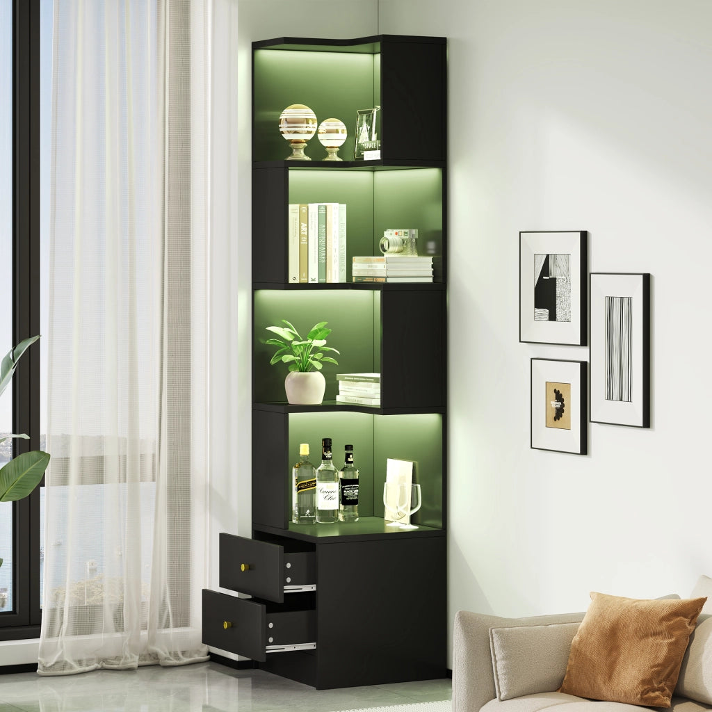 Libreria angolare a L 45x43.5x180 cm con LED controllato tramite app in MDF nera