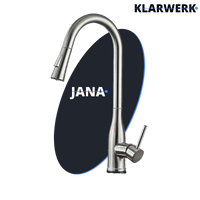 JANA | Rubinetto da cucina estensibile Premium in acciaio inox argento spazzolato | Rubinetto miscelatore ad alta pressione girevole a 360° 2 attacchi