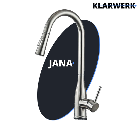 JANA | Rubinetto da cucina estensibile Premium in acciaio inox argento spazzolato | Rubinetto miscelatore ad alta pressione girevole a 360° 2 attacchi