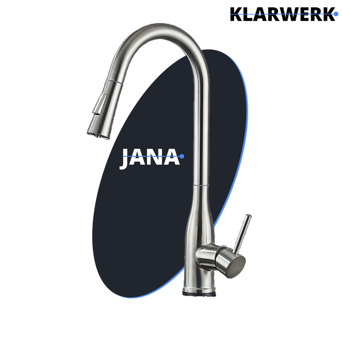 JANA | Rubinetto da cucina estensibile Premium in acciaio inox argento spazzolato | Rubinetto miscelatore ad alta pressione girevole a 360° 2 attacchi