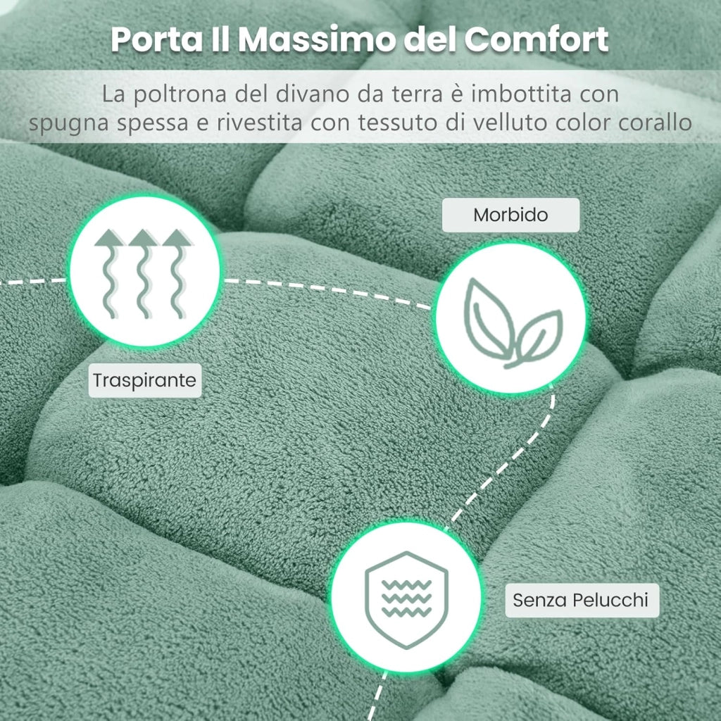 Sedia da Pavimento, Poltrona Imbottita Regolabile in 14 Posizioni 90°-180°, Cuscino da Terra Pighevole Imbottito, Sedia Reclinabile per Relax, Yoga, Lettura (Verde)