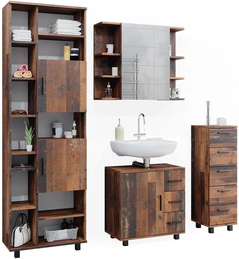 Set di mobili da bagno Ilias, Rovere rustico, 60 cm, composto da mobile lavabo, pensile a specchio, colonna e base media
