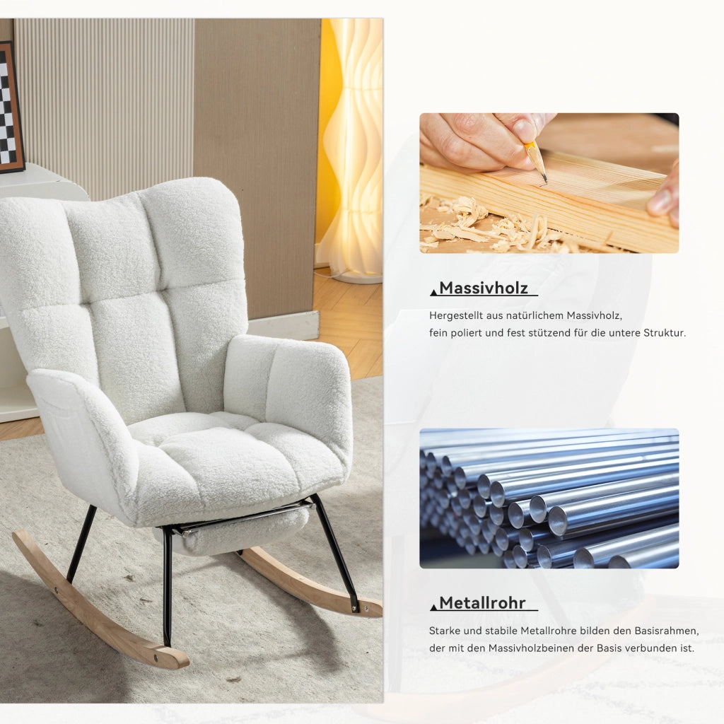 OKWISH Poltrona a Dondolo con Poggiapiedi Pieghevole, Schienale Alto Ergonomico e Braccioli Imbottiti, Teddy, Bianco