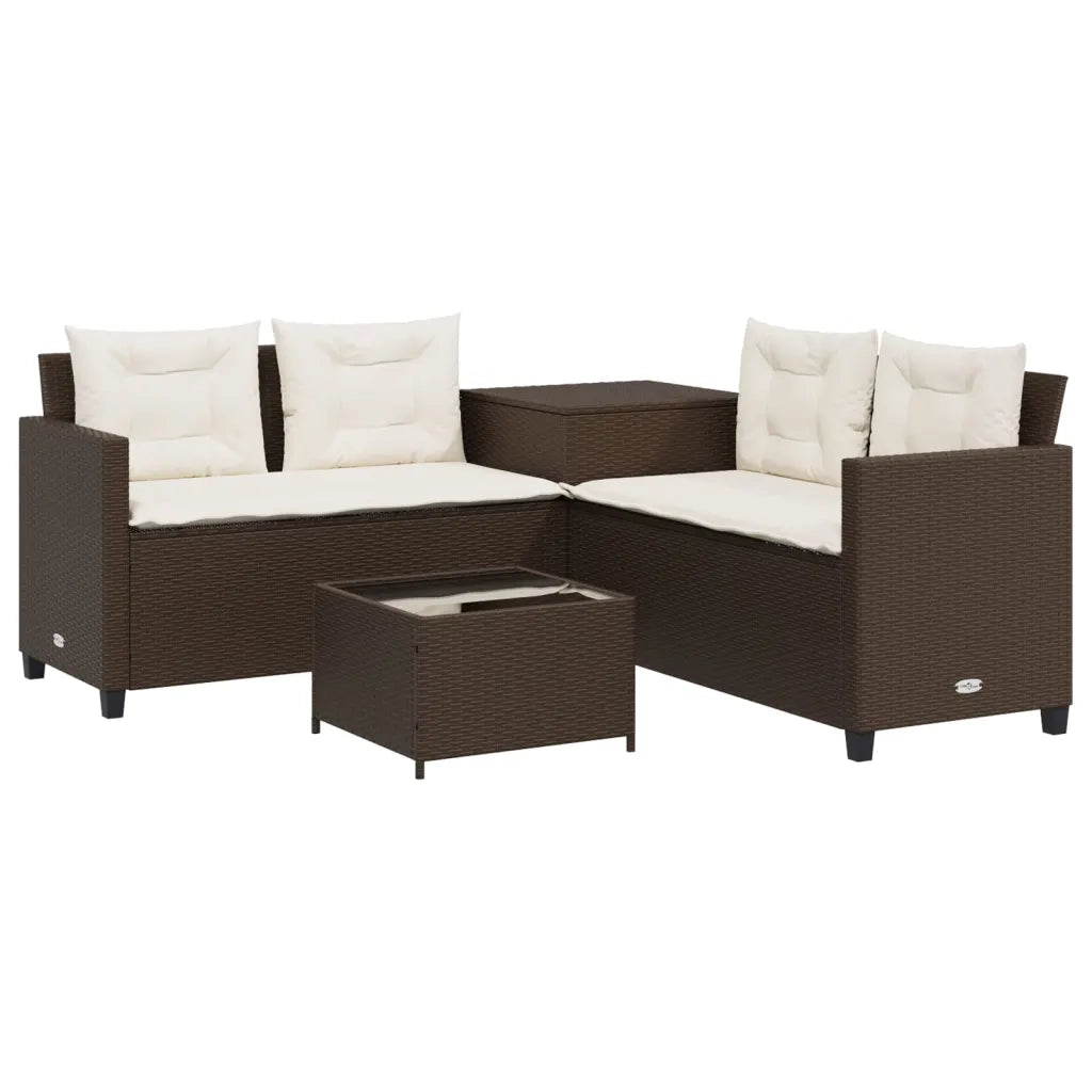 Divano da Giardino con Tavolo e Cuscini a L-Sofa da Giardino-Divano da esterno Marrone Polyrattan 764401