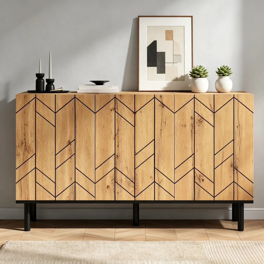 Sideboard moderno 120x35x70 cm con 3 ante, motivo ondulato e gambe in metallo