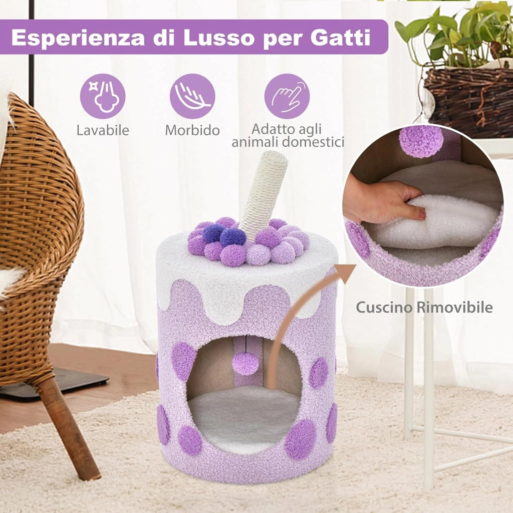 Cuccia per Gatti a Forma di Bubble Tea, Casetta per Gatti con Tiragraffi in Sisal e Palline Appese, Albero per Gattini da Interno, 37 cm x 37 cm x 67 cm (Viola e Bianco)