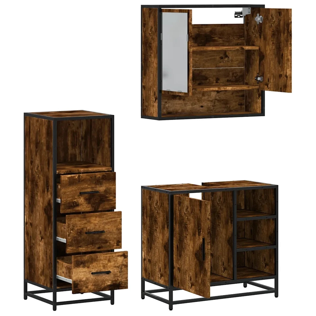 Set Mobili da Bagno | Armadio da bagno 3 pz Rovere Fumo in Legno Multistrato