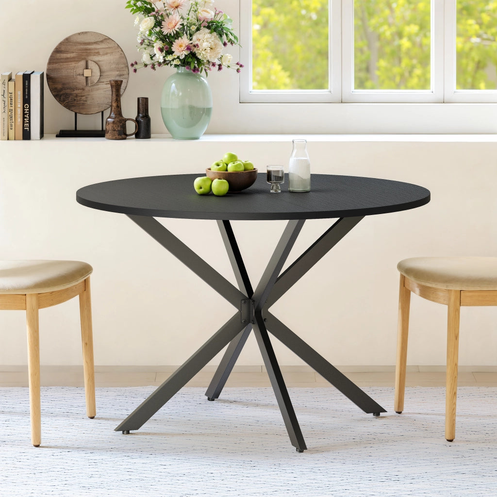 Tavolo da pranzo rotondo con base a X in ferro e piano in pannello truciolare nero per cucina diametro 120 cm