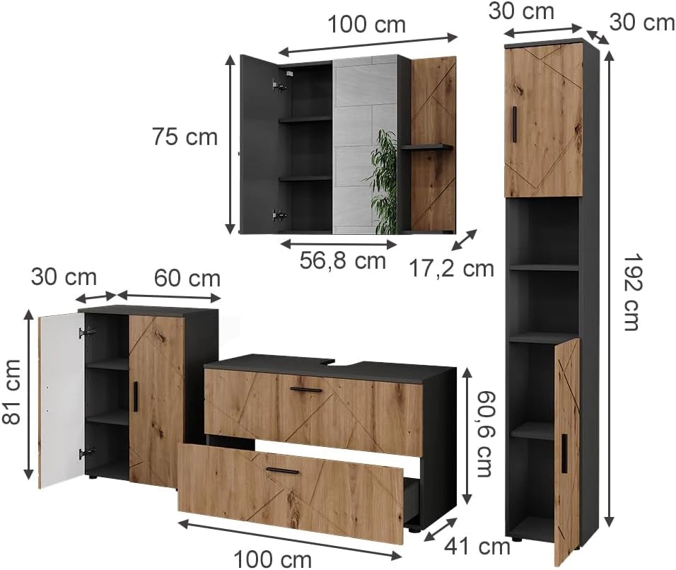 Set di mobili da bagno Irma, Antracite/Artisan, 4 parti