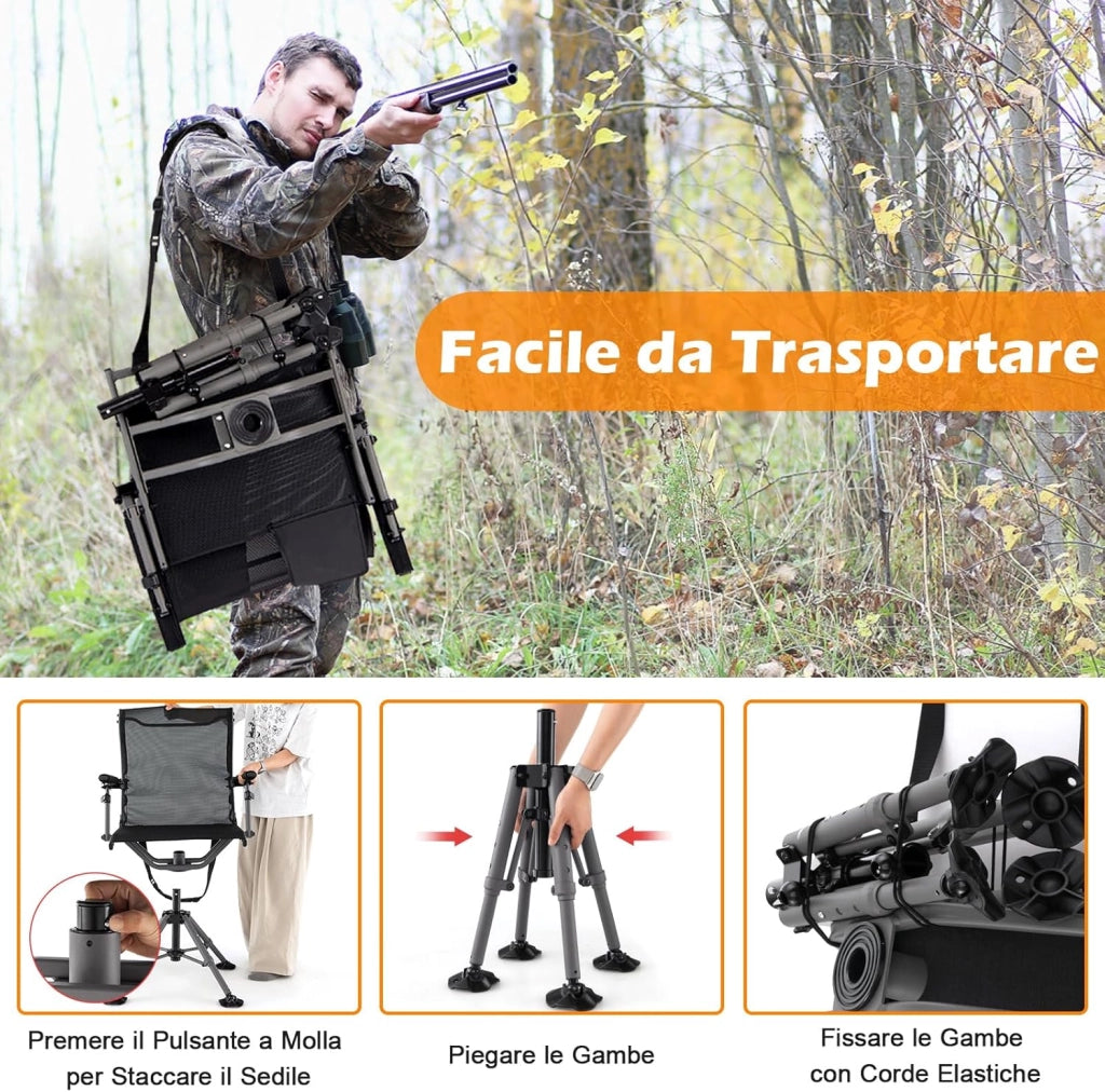 Sedia da Caccia, Sedia da Cecchino Pieghevole con Gambe e Supporto per Fucile Regolabili, Girevole Silenziosa a 360°, Schienale Ergonomico, Sedia da Terra Portatile, Portata 150 kg