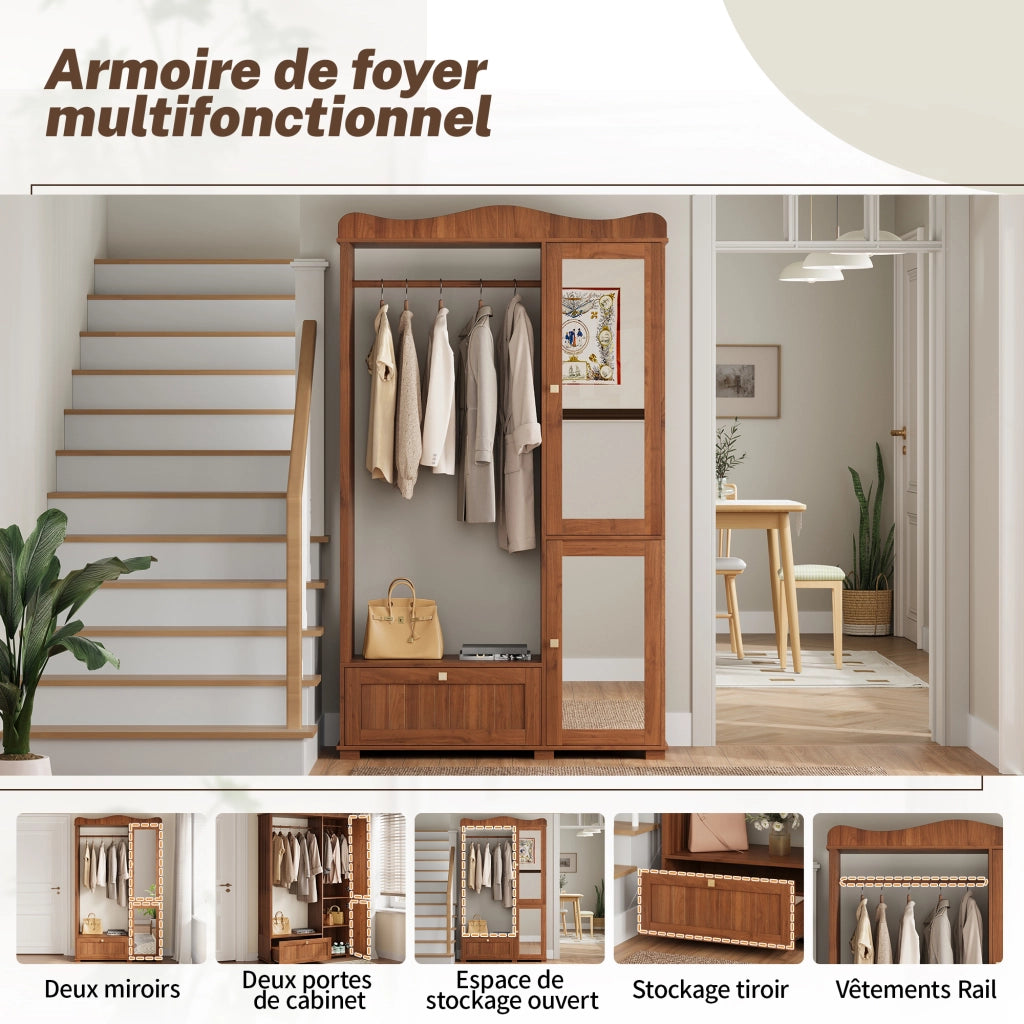 Armadio aperto con specchio integrato a figura intera, 2 ante e cassetti, per camera da letto e ingresso, in MDF noce