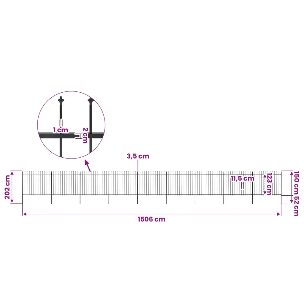 Recinzione da Giardino con Punta a Lancia in Acciaio 1506x150 cm Nero 277637