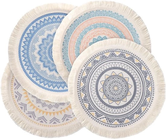 Set di tovagliette da tavola, confezione da 4, tovagliette da tavola rotonde, tovaglietta da tavola boho, tovagliette da tavola resistenti al calore (marrone blu)