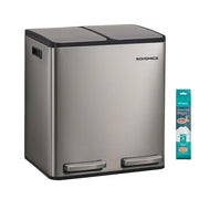 SONGMICS Pattumiera Cucina 2 x 15 L, Cestino per Raccolta Differenziata 2 Scomparti, 15 Sacchetti, Secchi Rimovibili, Coperchio, Maniglie, Chiusura Morbida, Acciaio Inox, Argento LTB130EZ01