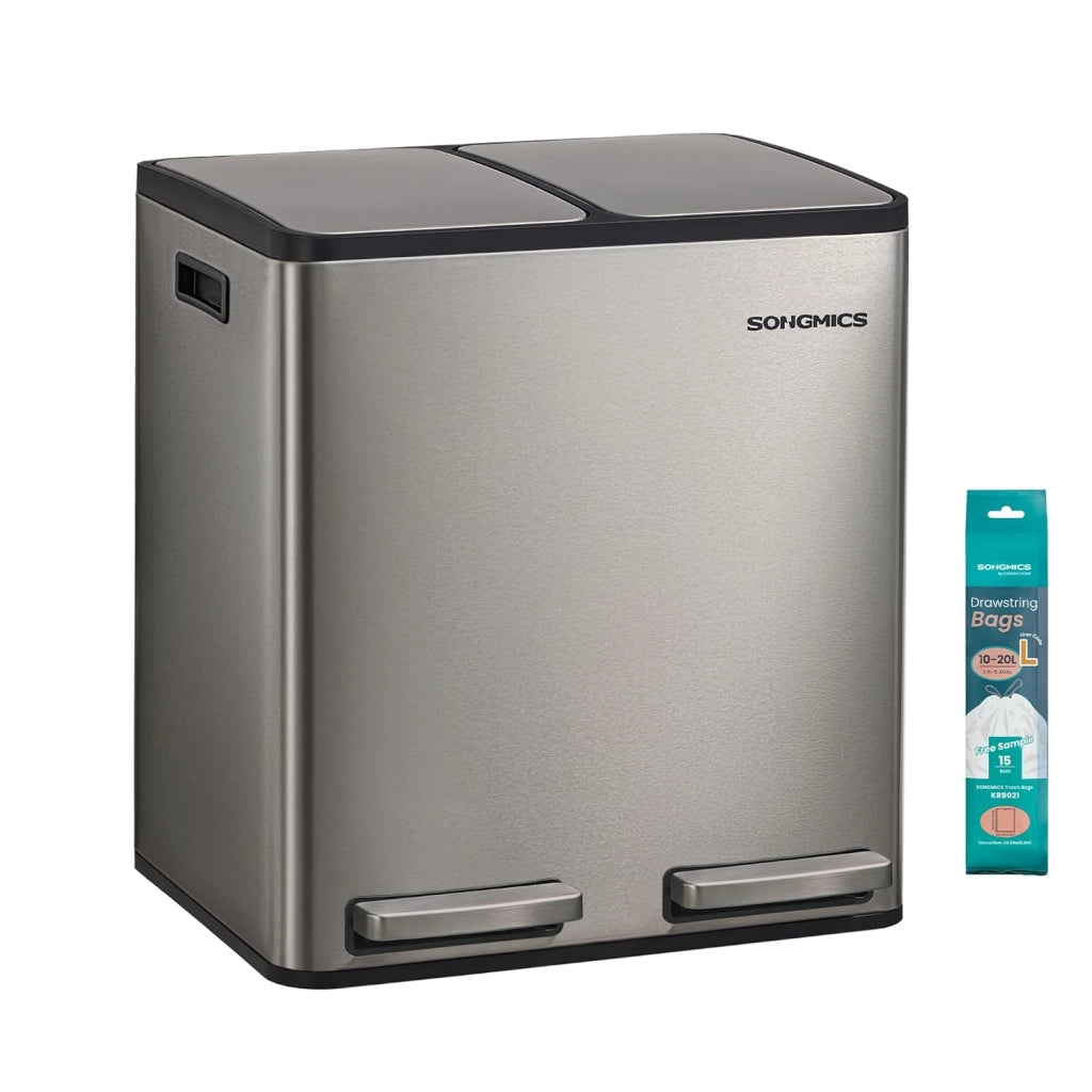 SONGMICS Pattumiera Cucina 2 x 15 L, Cestino per Raccolta Differenziata 2 Scomparti, 15 Sacchetti, Secchi Rimovibili, Coperchio, Maniglie, Chiusura Morbida, Acciaio Inox, Argento LTB130EZ01