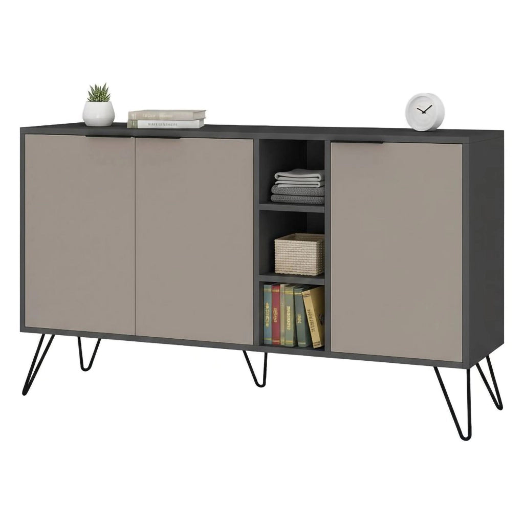 Credenza Alin, Buffet da soggiorno, Madia da salotto, Dispensa da cucina, 142x36h83 cm, Antracite e Beige