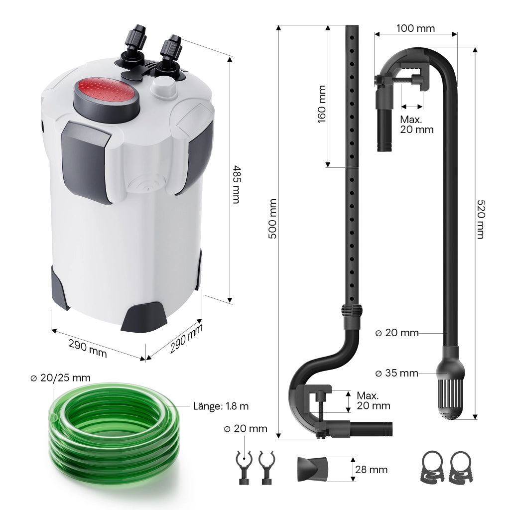 HW-304 Filtro esterno per acquari con pompa 2.000 l/h, filtro a 4 stadi con mezzi e spugne filtranti inclusi