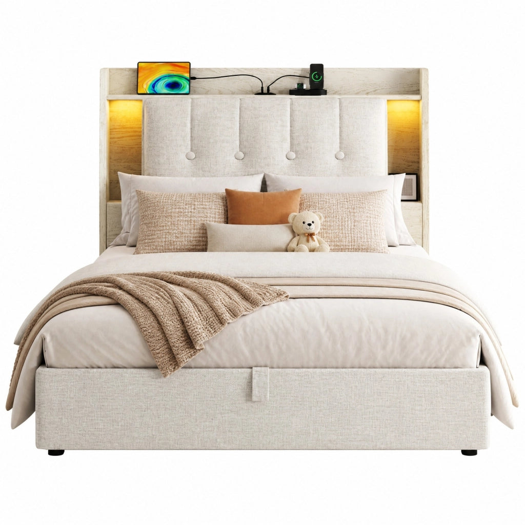 Letto imbottito 90x200 cm con contenitore; USB e USB-C; LED; lino beige