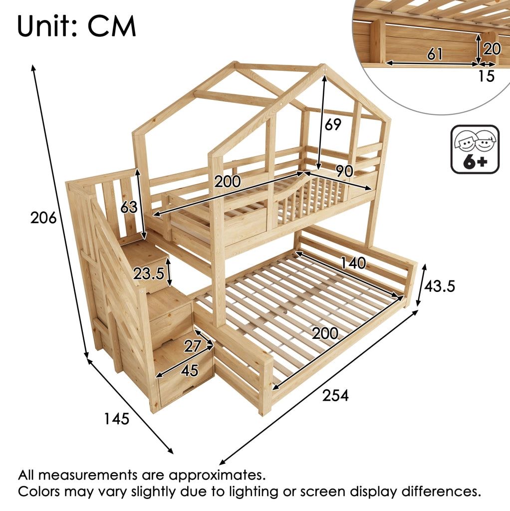 Letto a castello in legno con letto superiore 90x200 cm e inferiore 140x200 cm; finitura naturale