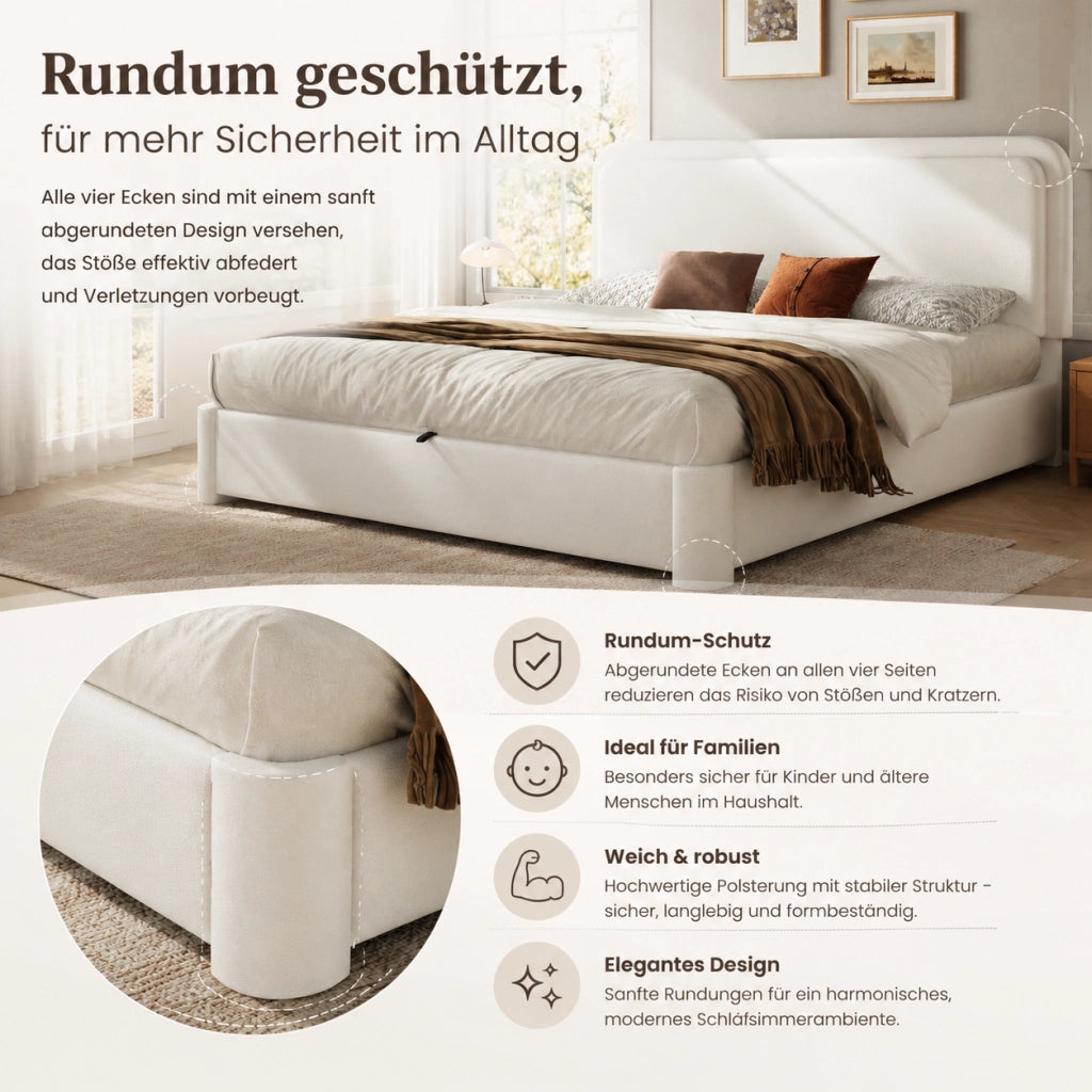 LETTO Contenitore 160x200 cm Bouclé Bianco con rete a doghe