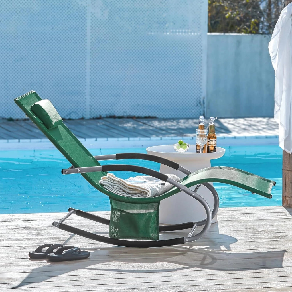 Set di 2 sedie a dondolo da esterno Poltrone sedie sdraio da giardino con cuscino e poggiatesta portata fino a 150 kg Verde Scuro OGS28-WDX2