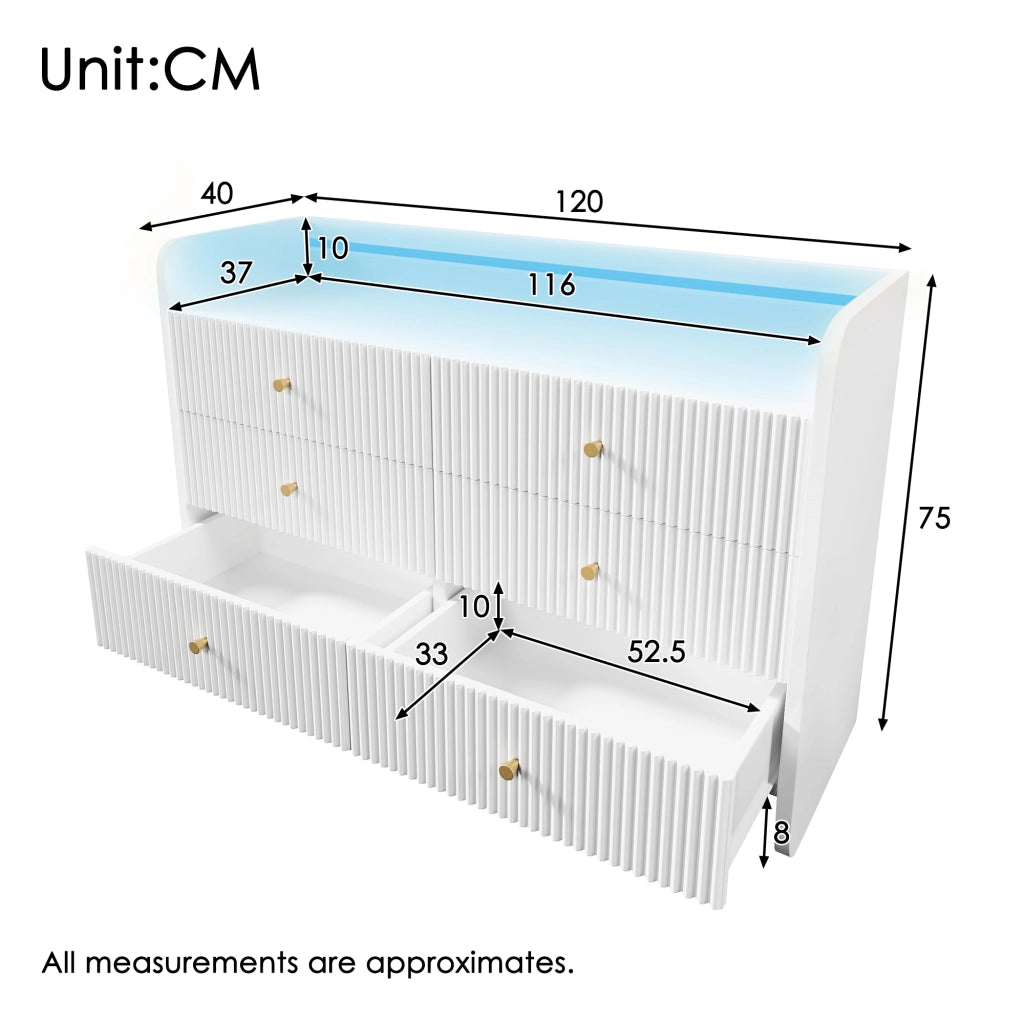 OKWISH Cassettiera Credenza con 6 Cassetti e 1 Vano Aperto, LED, Frontale Ondulato, per Soggiorno o Camera 120 x 40 x 75 cm