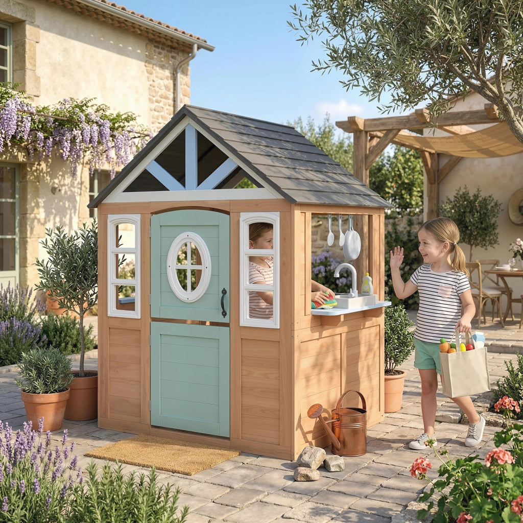 Casetta Bambini Giardino Legno con Cucina Gioco ¨C Zephmum ¨C Naturale 120x120x120