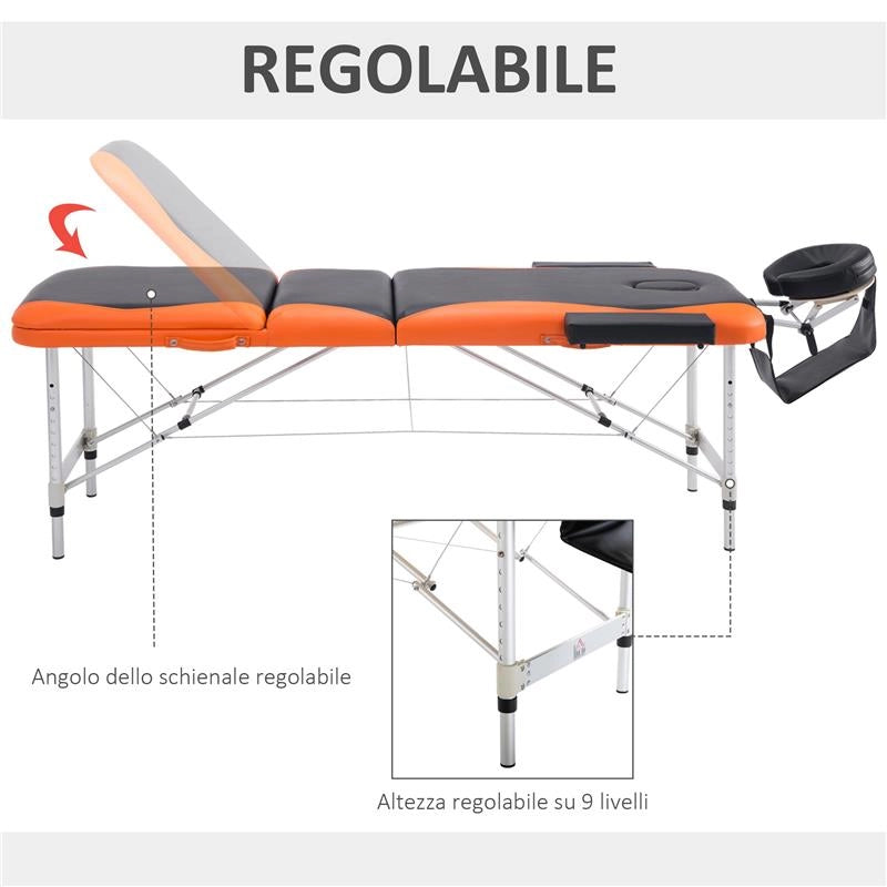 LETTINO PER MASSAGGI PROFESSIONALE PIEGHEVOLE IN ALLUMINIO NERO E ARANCIONE