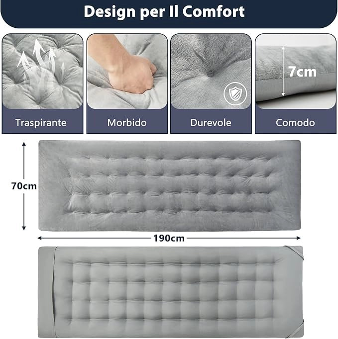 Cuscino per Sdraio, Cuscino Spesso da 190 x 70 x 7 cm con 4 Cinghie di Fissaggio, Tasca per Fissare al Letto, per Lettino da Campeggio, Vacanze in Campeggio (grigio)