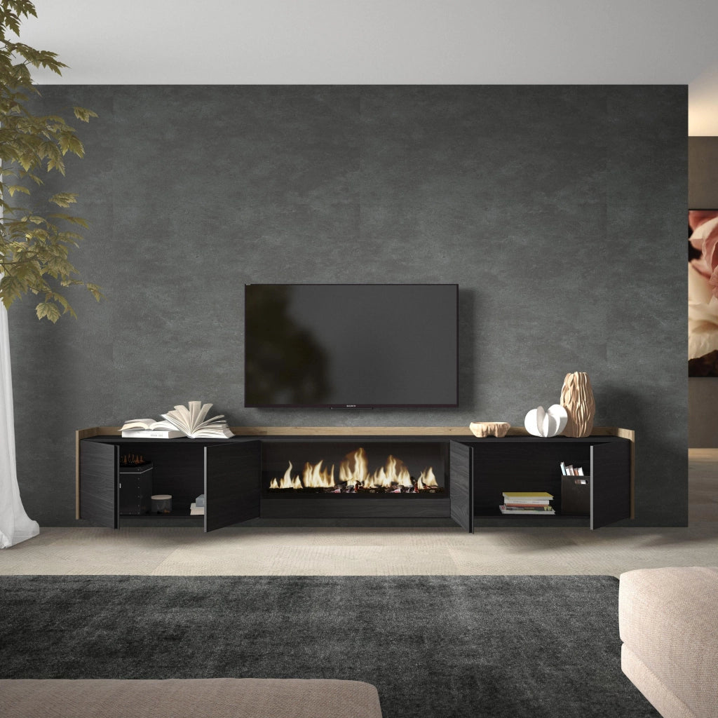Mobile TV Soggiorno, 315x50x35 cm, Per TV fino a 80", Camino elettrico XXL, Sospeso, da appendere, Nero e rovere