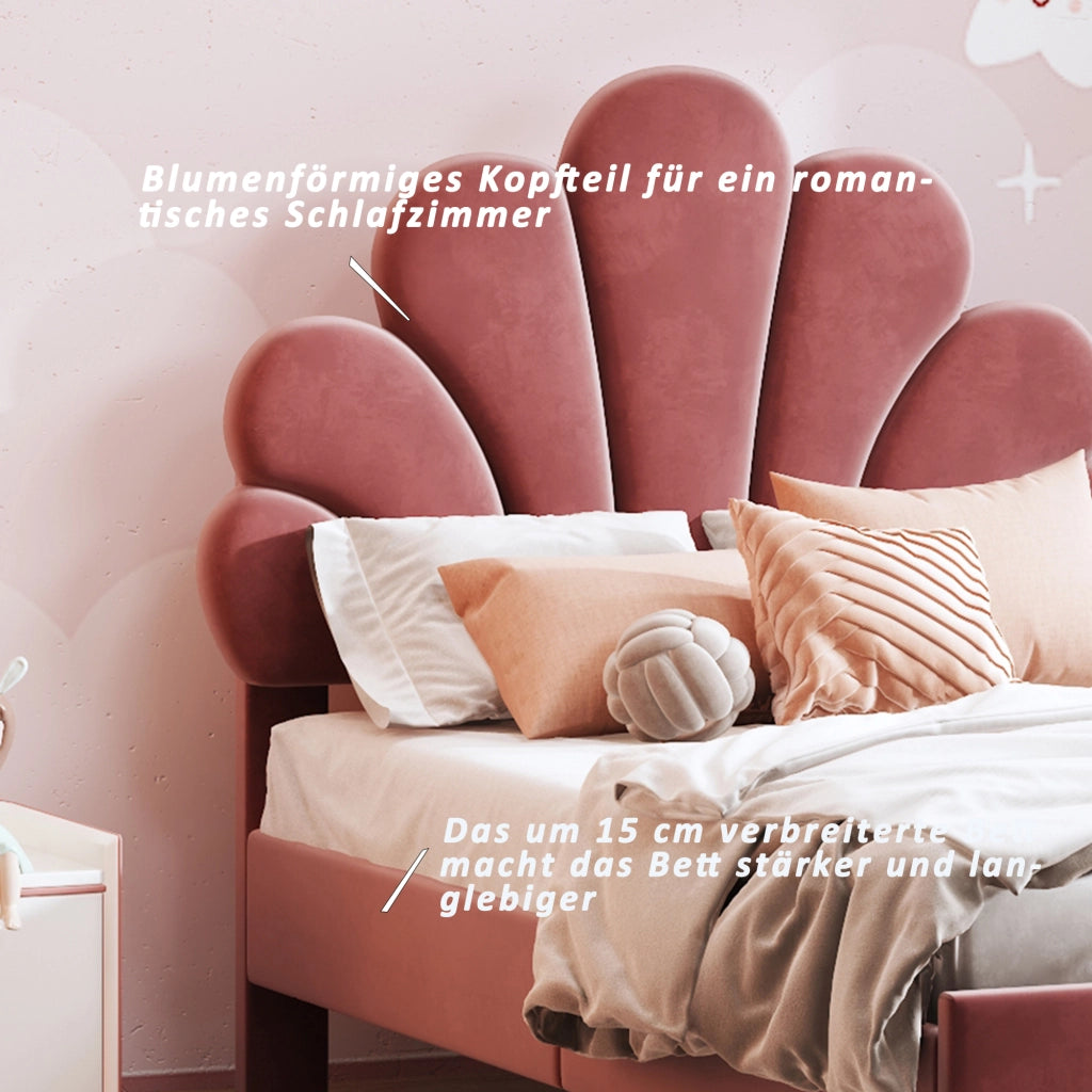 DESMIU Letto Singolo 1 Piazza con Testiera a Fiore e 12 Doghe, 90 × 200 cm, senza materasso, Velluto Rosso