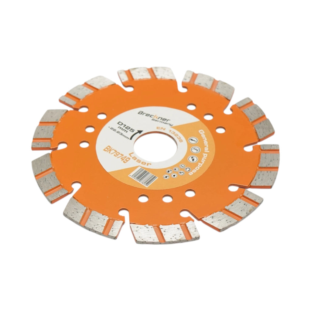 Disco diamantato turbo segmentato 125x22,23 mm, segmento da 10 mm per taglio di cemento armato, pietra dura, pavimentazioni e blocchi in cemento Breckner Germany