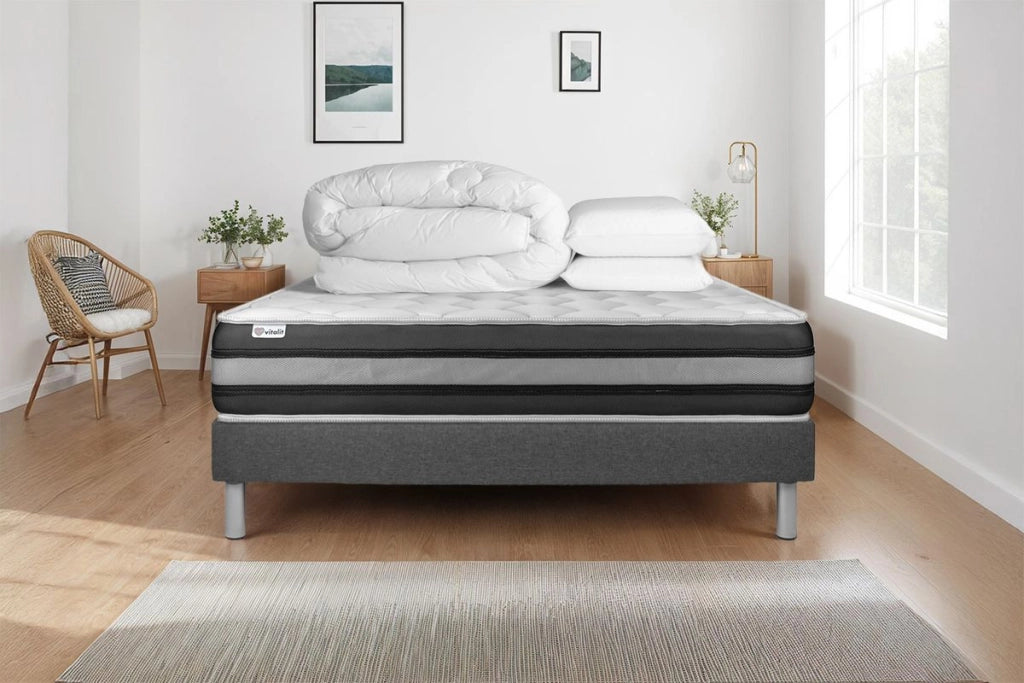 Pacchetto letto completo - Materasso 200x200cm + Box spring con doghe (kit) + 2 cuscini + Piumino - Vitalspring Zen