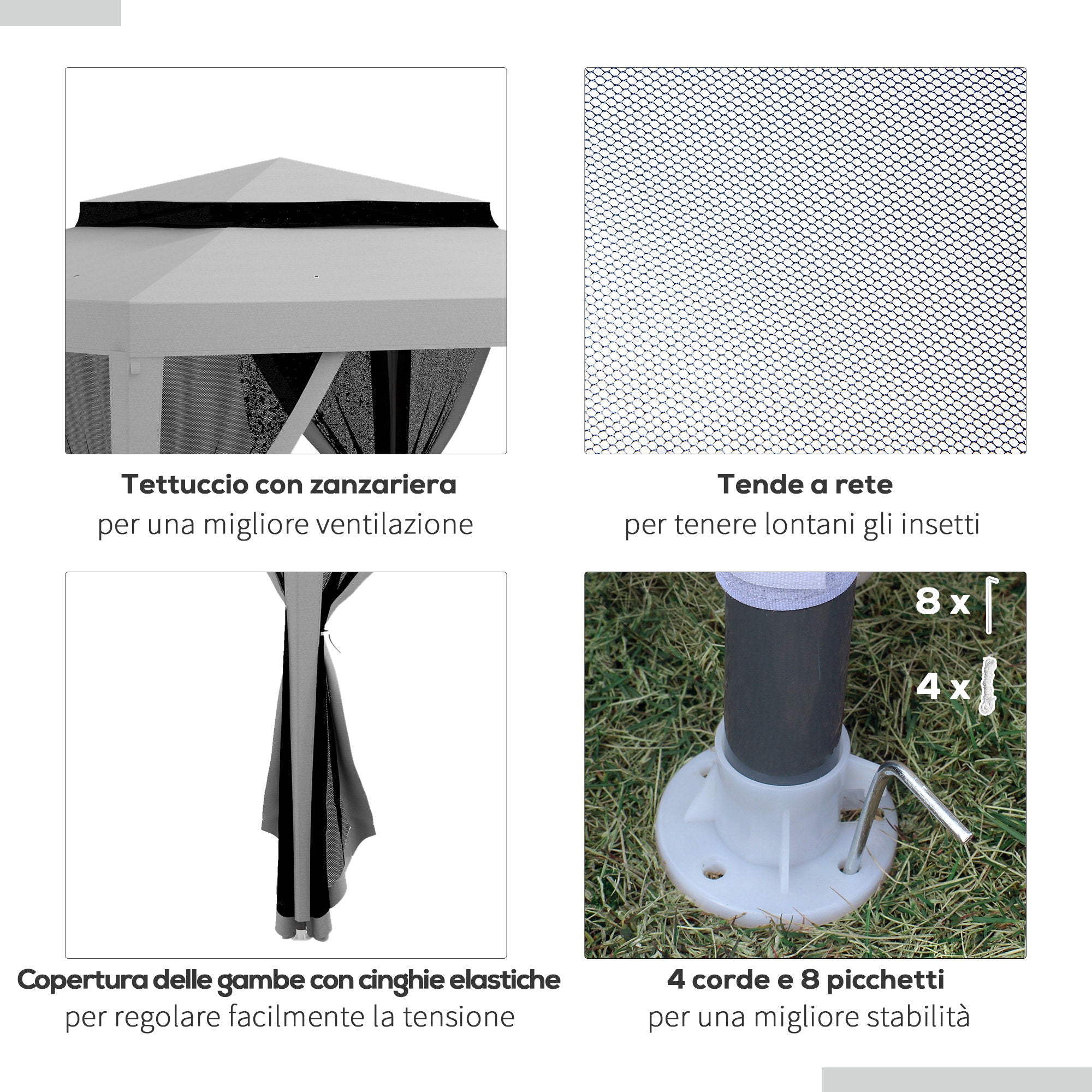 Gazebo da Giardino 3x3 m con Zanzariera Doppio Tetto e 8 Fori in Acciaio e Poliestere Grigio