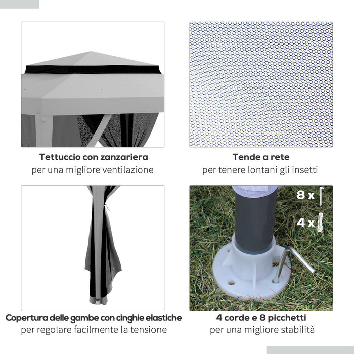 Gazebo da Giardino 3x3 m con Zanzariera Doppio Tetto e 8 Fori in Acciaio e Poliestere Grigio
