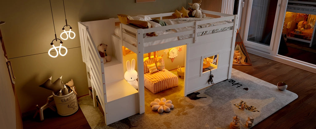 Letto a castello bianco con funzione contenitore scala e finestra in mdf pino compensato 90x200 cm