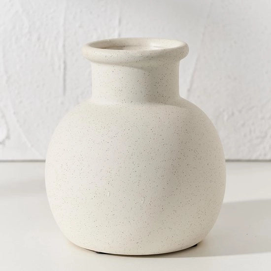 Vaso moderno in ceramica, 15 cm, decor bohemien in terracotta, decorazione rurale per accessori di arredamento, soggiorno, ingresso, matrimonio, superficie a grani, bianco.