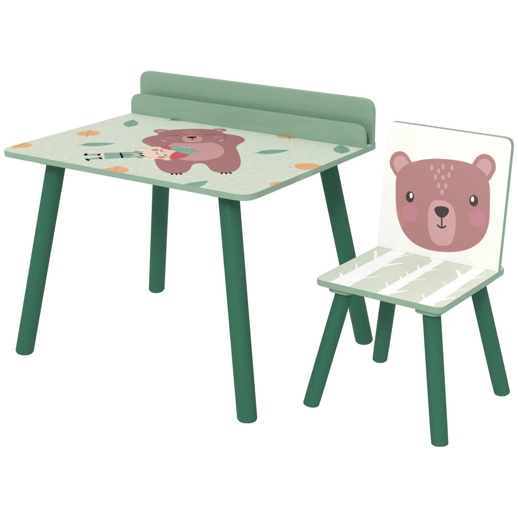 Set Sedia e Tavolino per Bambini con Ripiano ¨C Zephmum ¨C Verde, Legno di Pino