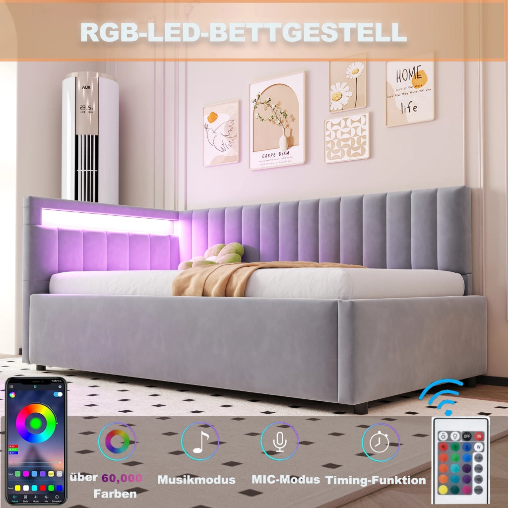 OKWISH Letto Divano 90×200 cm, Letto Singolo con LED Regolabile, Vano Contenitore Idraulico e Testiera Reversibile, senza Materasso, Grigio