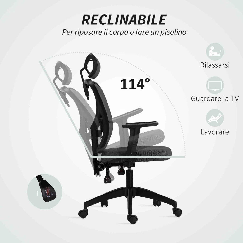 Sedia da Ufficio Ergonomica e Regolabile 66x61x106-116 cm con Supporto Lombare e Poggiatesta in Tessuro a Rete Grigio