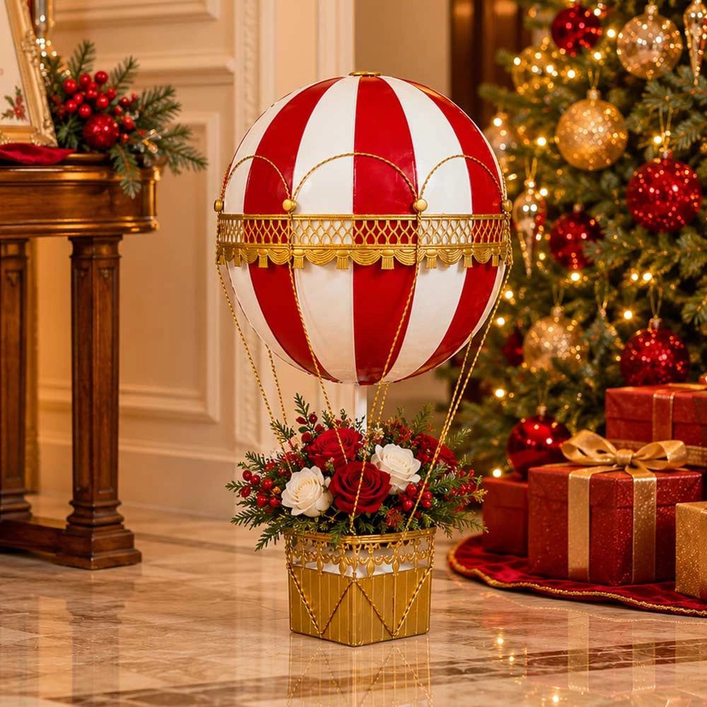 Mongolfiera Decorativa h 55 cm Metallo Rossa e Dorata da Appendere o Appoggiare