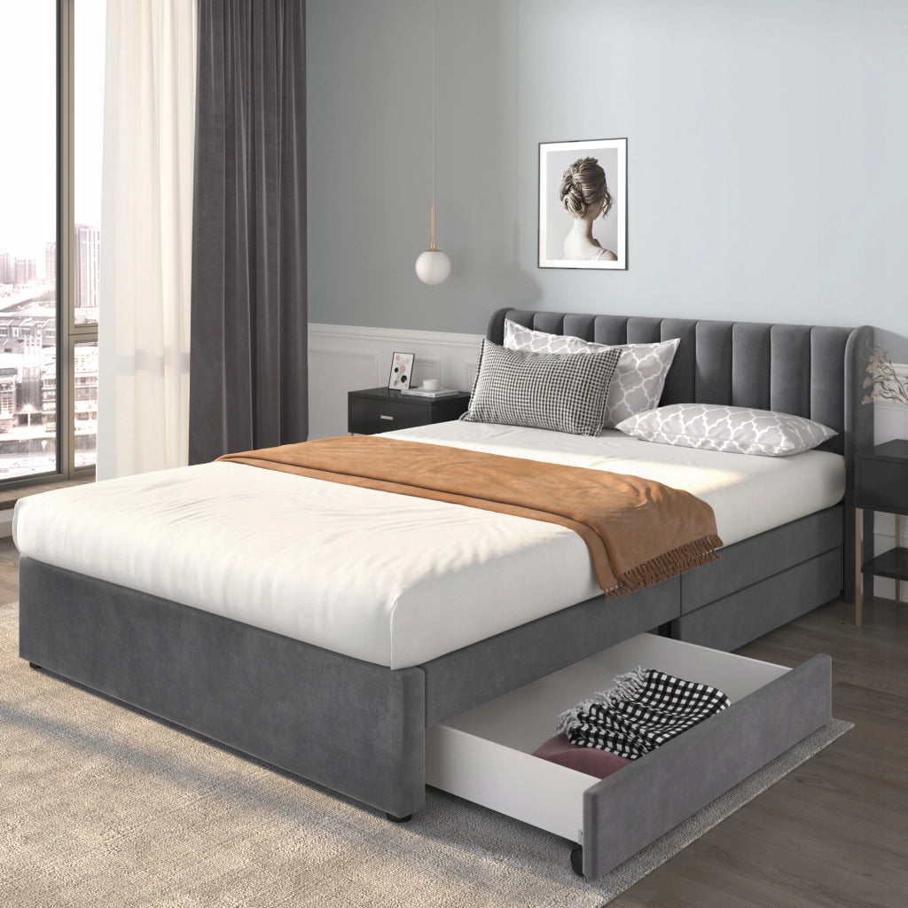 Letto imbottito 160x200 - Xylo - Grigio, velluto, 2 cassetti