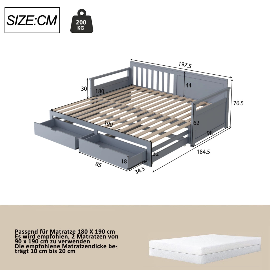 Letto giorno notte grigio in legno massello di pino con cassetti e letto estraibile 90x190 cm&180x190cm