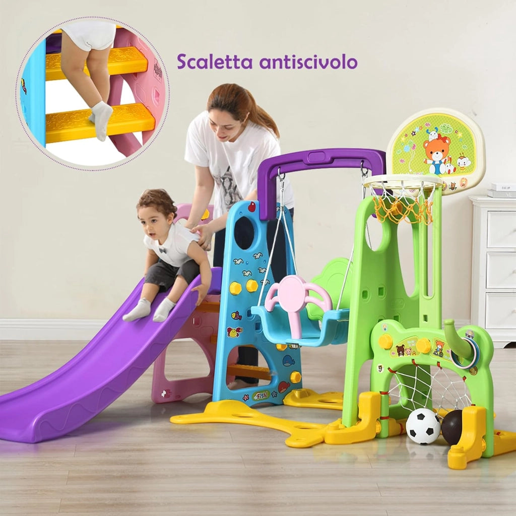Parco Giochi 6 in 1 Multi Giochi da Giardino, con Altalena e Scivolo, Pallacanestro e Porta da Calcio, 209x174x115 cm, per Bambini 3-8 Anni (Viola)