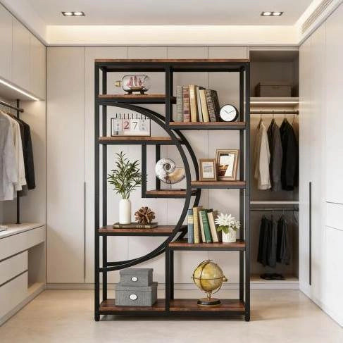 Libreria geometrica a 9 ripiani aperti in metallo e finitura legno
