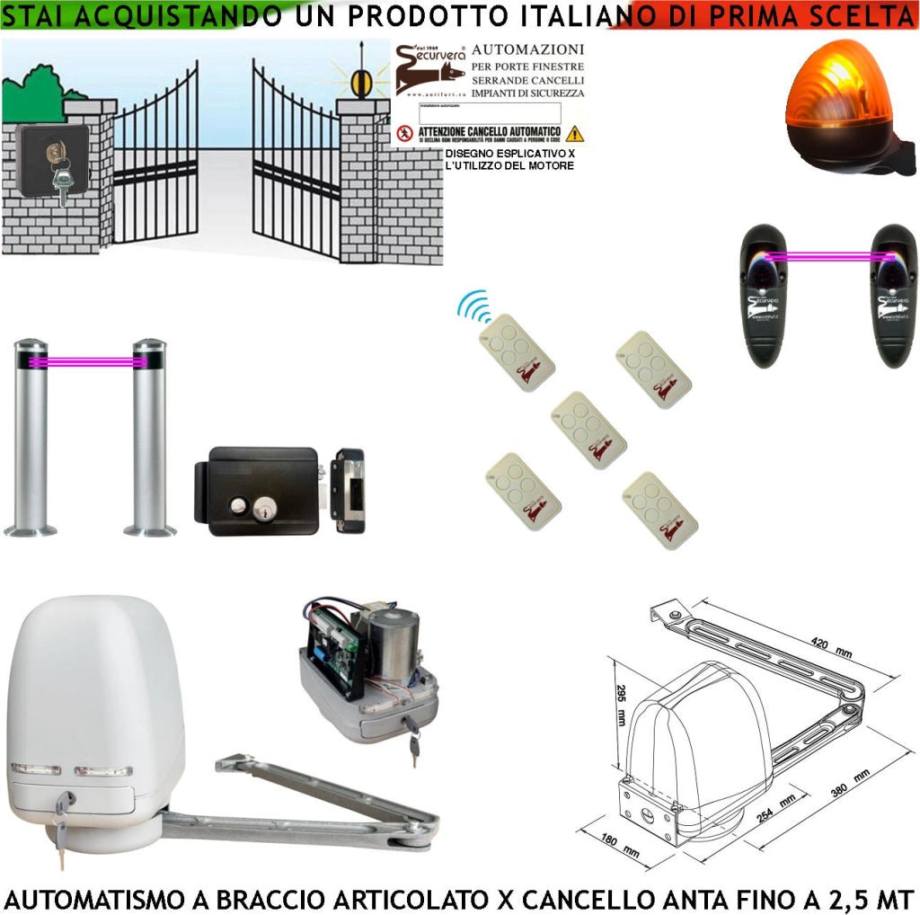 Cancello Automatico Kit Motore a Braccio Articolato 220/24 V Anta da 0,5 a 2,5 MT Elettroserratura 5 Radiocomandi Faro Selettore 2 Paline 2 Foto