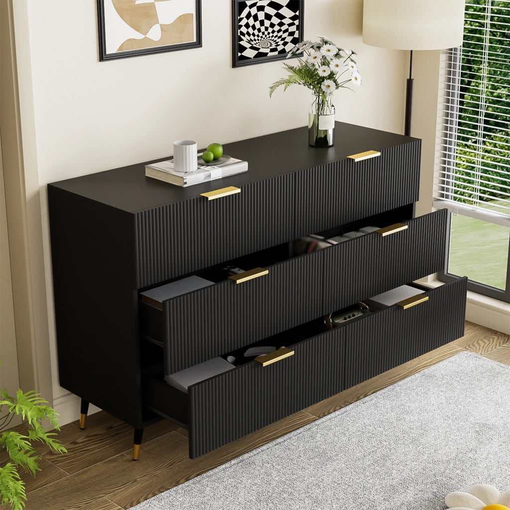 Credenza moderna nera e oro con 6 cassetti, 120x40x77 cm, design minimalista
