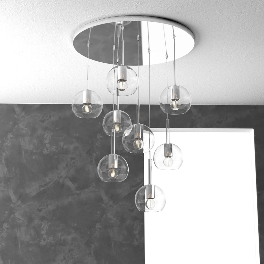 Lampadario Contemporaneo Future Metallo Cromo Vetro Trasparente 8 Luci E27