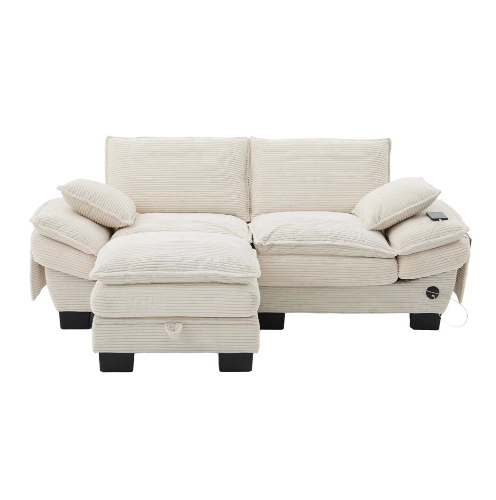 Divano 2 posti in velluto a coste beige con pouf e USB-C