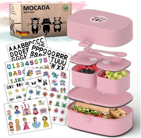 Borsa per bambini, inclusa 216 pezzi di set di stick, BPA libero, contenitore per la merenda sicuro senza perdite con posate e cassette, cestino per pane duraturo senza sostanze pericolose per la scuola e in viaggio, rosa